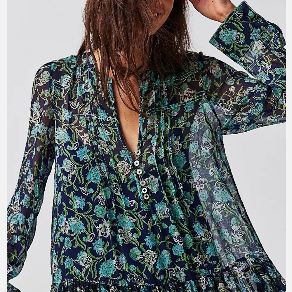 FREE PEOPLE Floral Navy and Teal Sheer Women's Maxi Dress